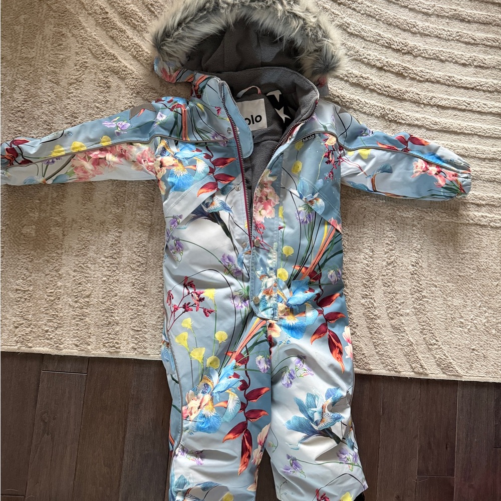Molo Snowsuit with floral print and Faux Fur Hood